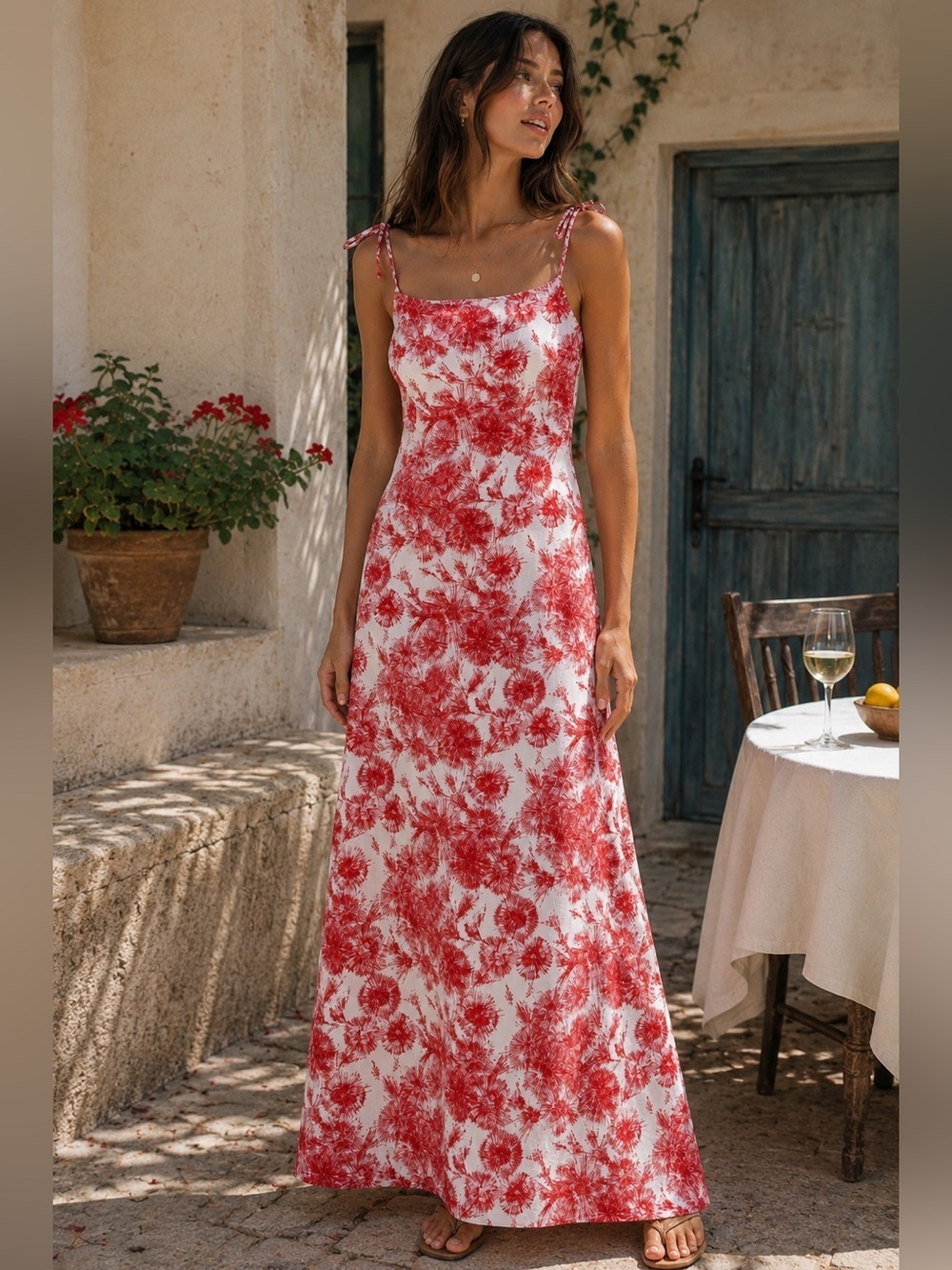 Source Unknown Vintage 70s Red and White Floral Maxi Dress Size M or L Summer